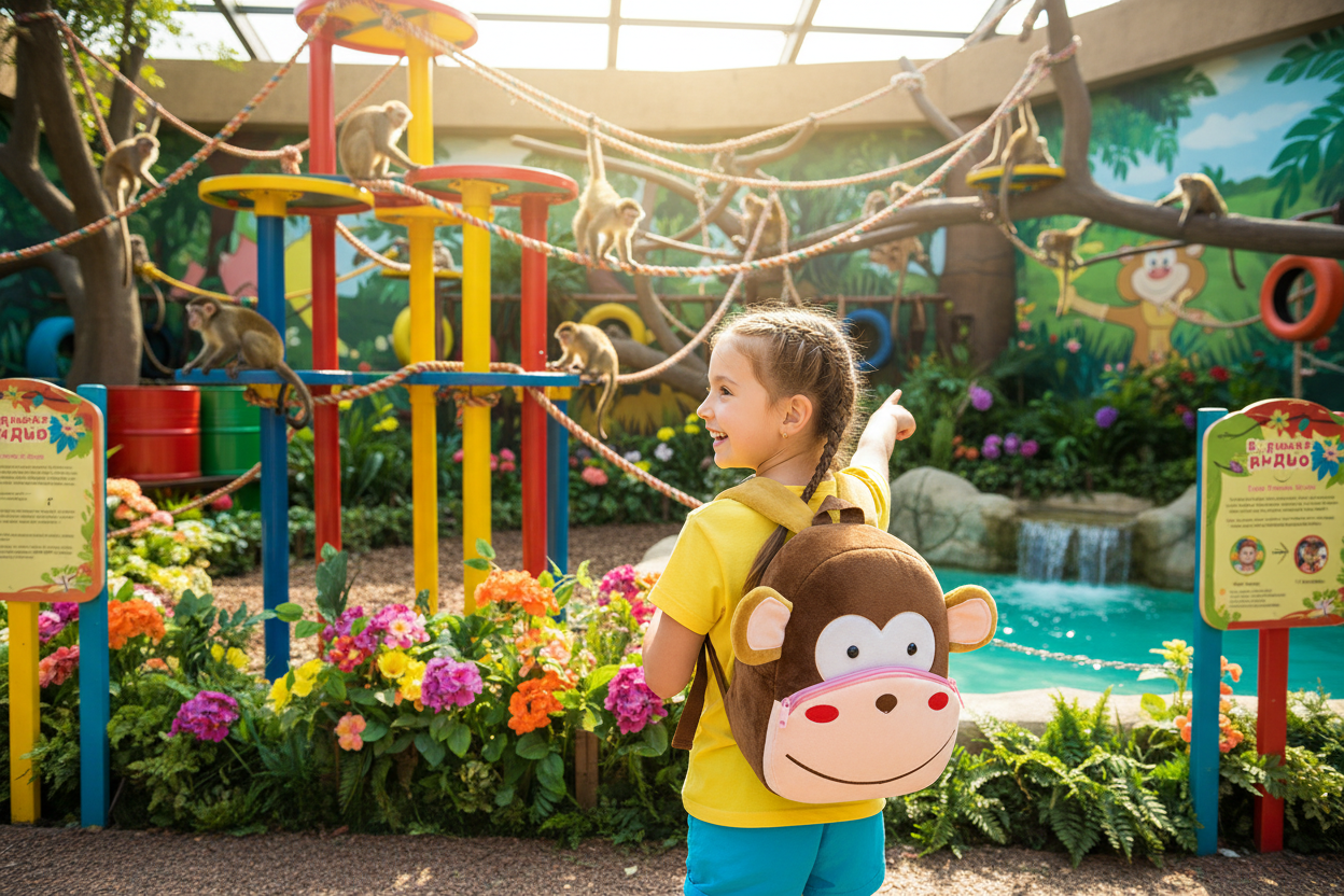 Kids animal backpack shaped like a monkey in brown with white eye patches and straps