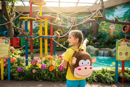 Kids animal backpack shaped like a monkey in brown with white eye patches and straps