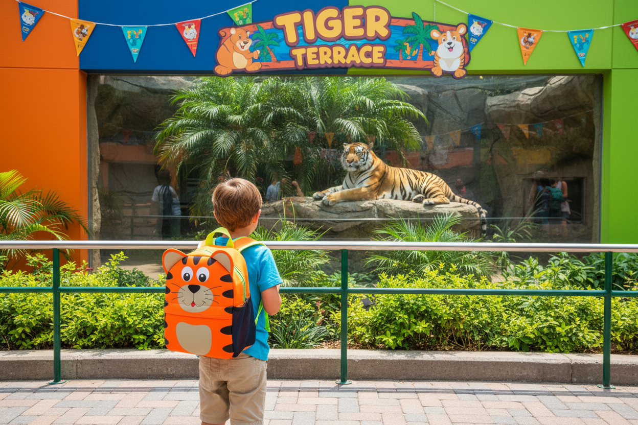 Orange tiger cartoon backpack with striped face and front pocket, toddler size.