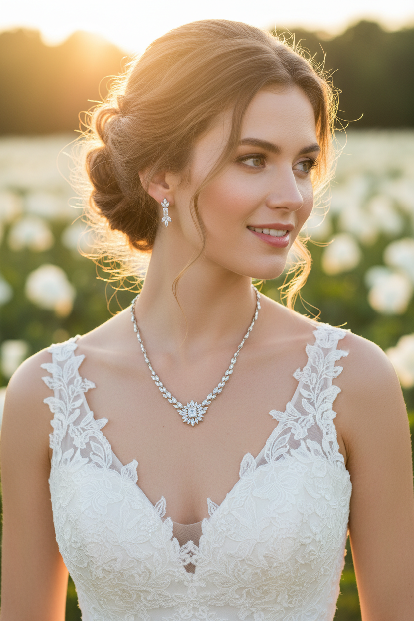White lace wedding gown with floral necklace and blue pendant, sleeveless off-shoulder
