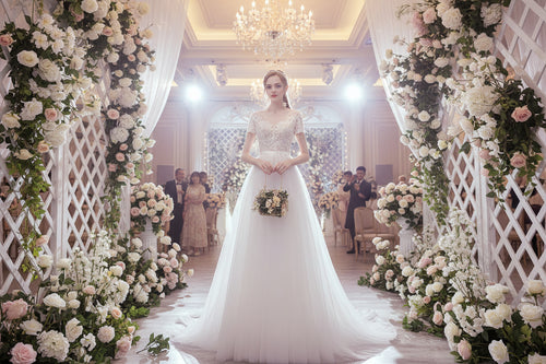 White lace bodice gauze wedding dress with short sleeves and long flowing skirt train