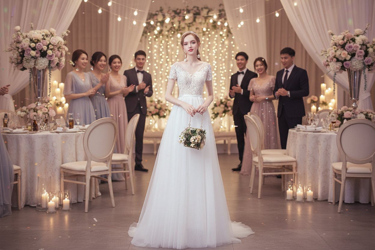 White lace bridal dress with short sleeves, fitted waist, full skirt, long train, bouquet