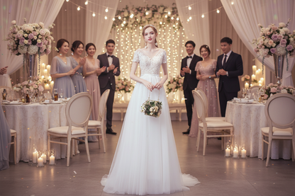 White lace bridal dress with short sleeves, fitted waist, full skirt, long train, bouquet