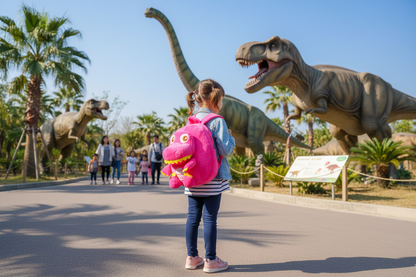 Pink kids school backpack with dinosaur plush, child carrying