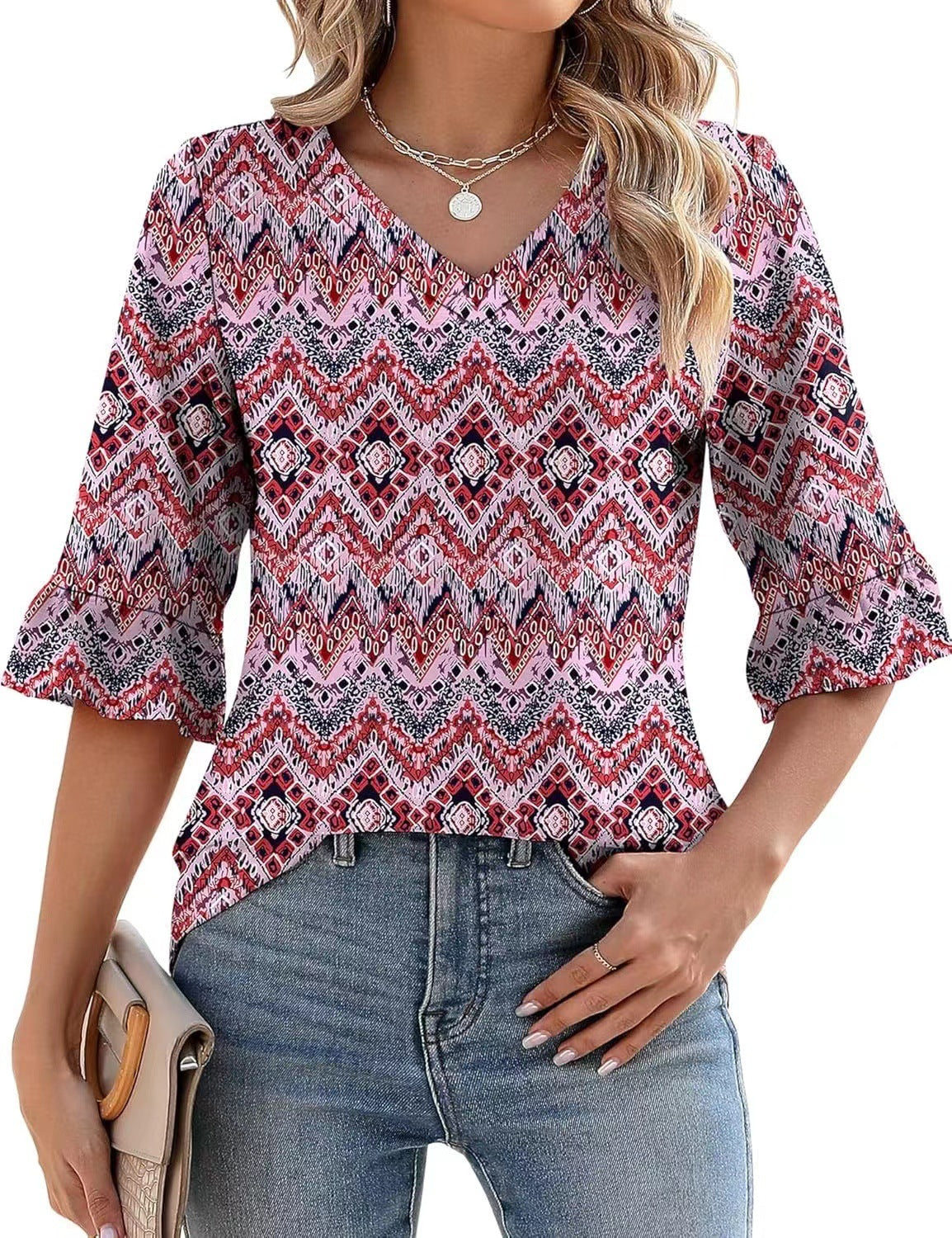 Women’s printed ruffle-sleeve top with V-neck, red and white diamond zigzag pattern