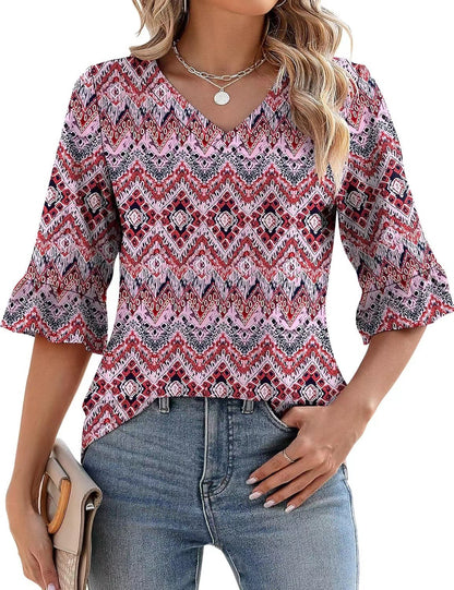Women’s printed ruffle-sleeve top with V-neck, red and white diamond zigzag pattern