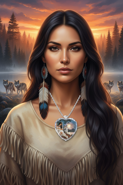 Heart-shaped crystal pendant necklace with wolf scene, on a silver chain.