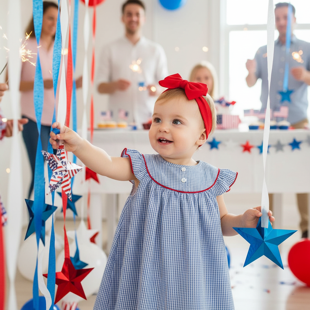 Baby Girls 4th Of July Dress Gingham American Flag White Blue Color Block Independence Day