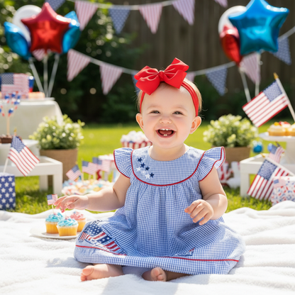 Baby Girls 4th Of July Dress Gingham American Flag White Blue Color Block Independence Day