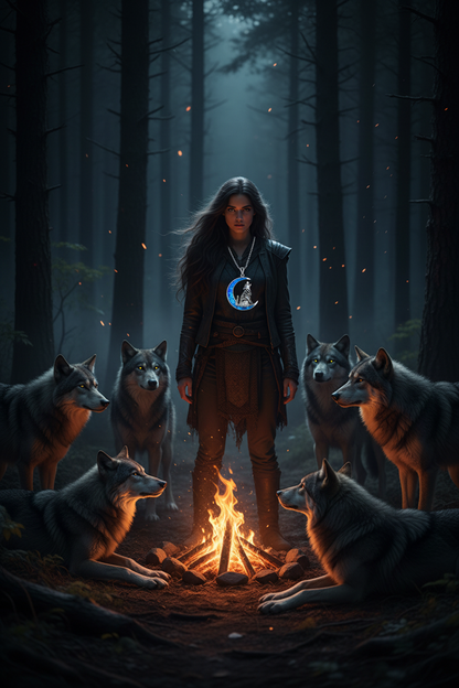 Moon pendant necklace with silver chain and blue wolf charm hanging at center