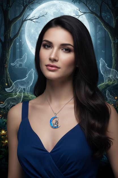 Silver chain necklace with blue opal moon wolf pendant at the center of neckline