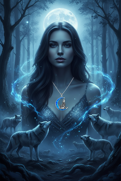 Silver chain necklace with moon opal wolf pendant, blue oval bezel wolf silhouette
