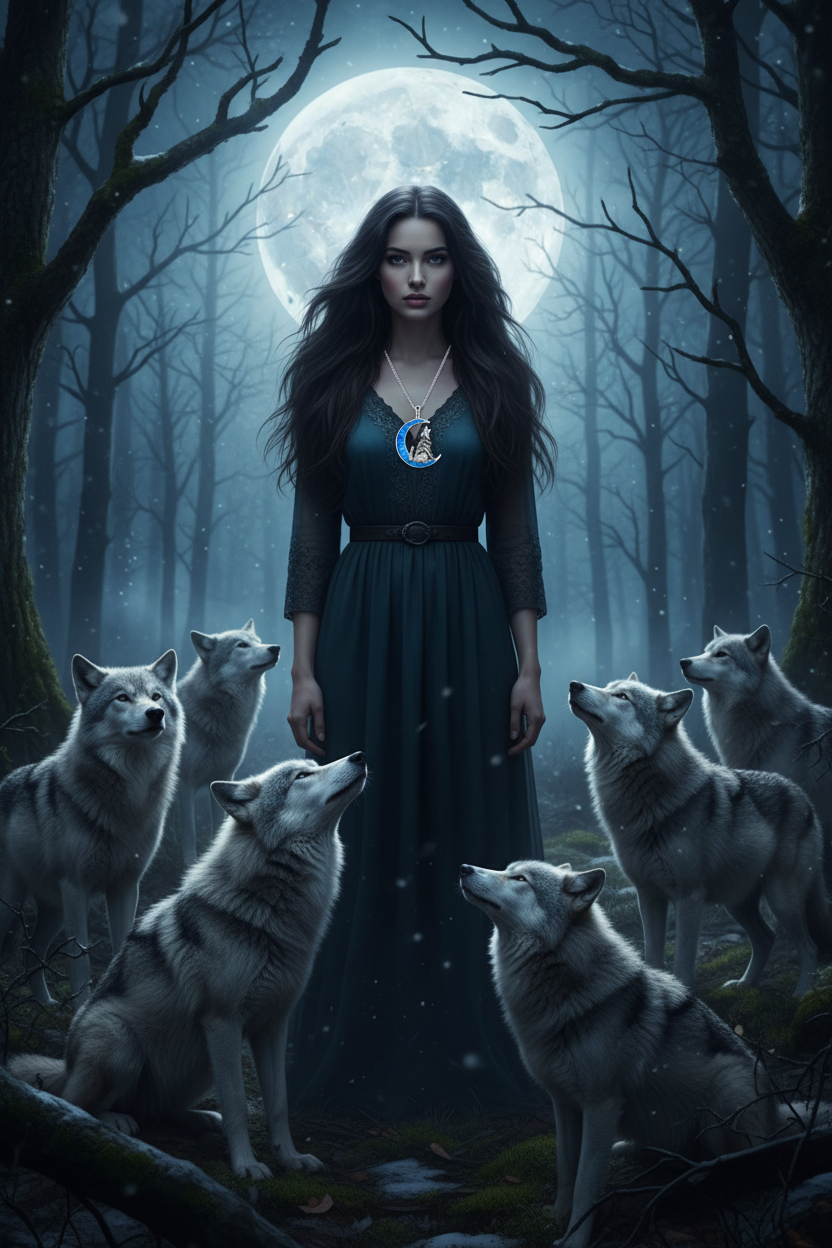 Moon opal wolf pendant necklace with silver chain, shown on a model with long skirt