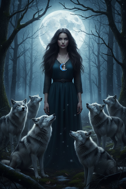 Moon opal wolf pendant necklace with silver chain, shown on a model with long skirt