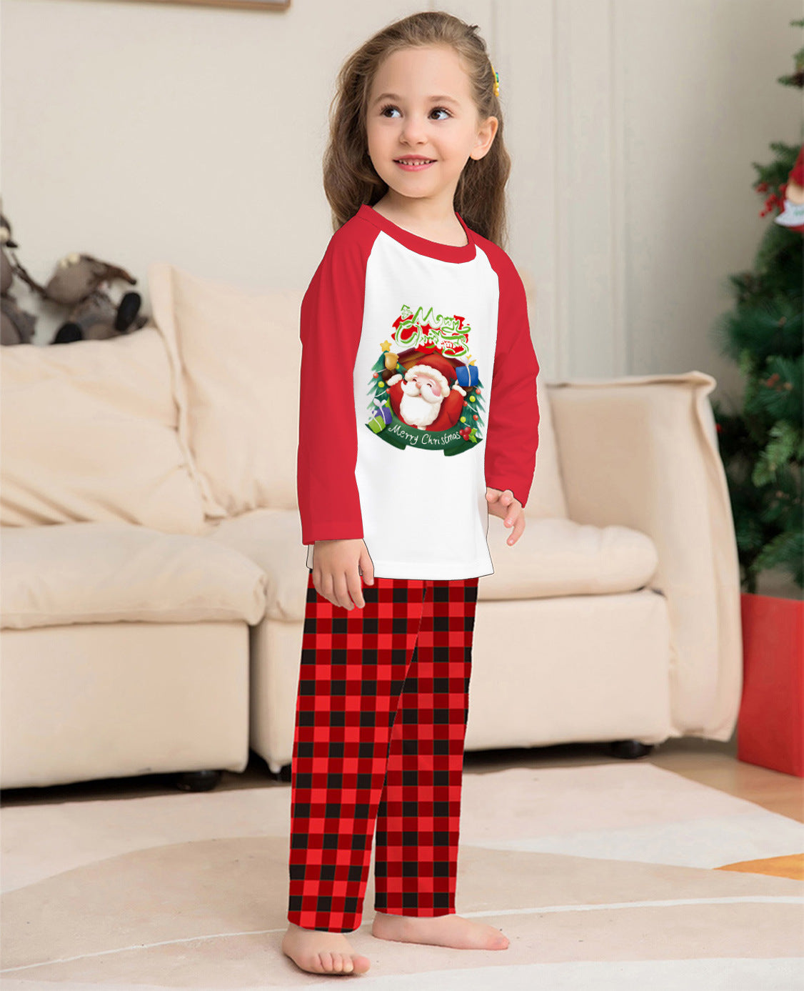 Christmas Parent-Child Set Long Sleeve T-Shirt Plaid Pants Family Matching Pajamas