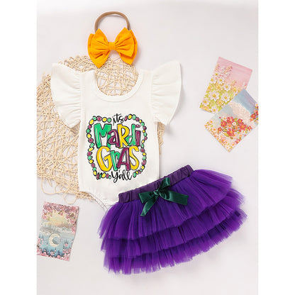 Baby Girls' Mardi Gras Outfit Set Ruffle Sleeve Letter Print Bodysuit, Mesh Tutu Skirt & Hairband