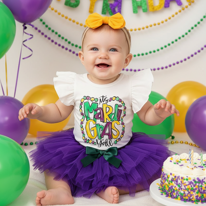 Baby Girls' Mardi Gras Outfit Set Ruffle Sleeve Letter Print Bodysuit, Mesh Tutu Skirt & Hairband