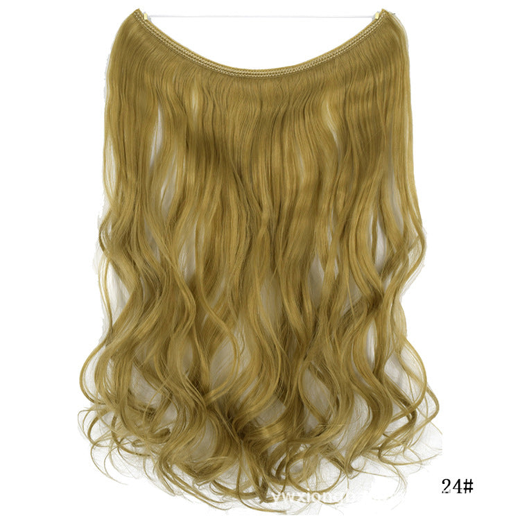 Womens seamless hair extension wig set, wavy pale blonde curls with top attachment band.