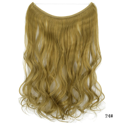 Womens seamless hair extension wig set, wavy pale blonde curls with top attachment band.