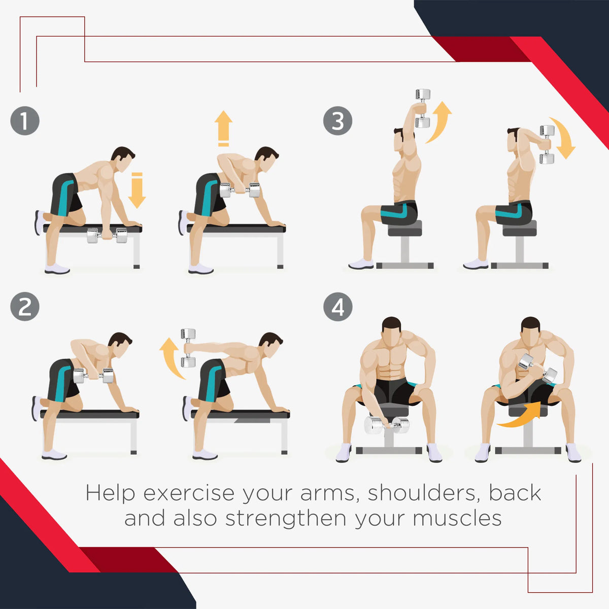 Dumbbell exercise instruction chart with four numbered workout poses