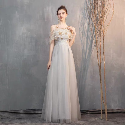 Champagne Gray Off-shoulder Slim-fit Bridesmaid Dress