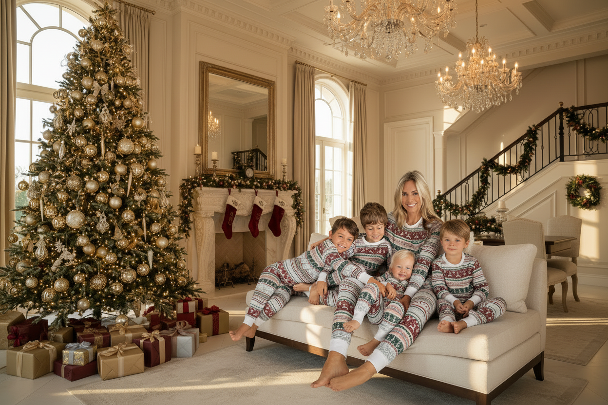 Gray Christmas fair-isle matching pajamas, long-sleeve tops and pants for the family
