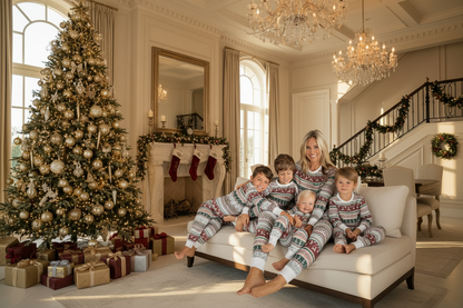 Gray Christmas fair-isle matching pajamas, long-sleeve tops and pants for the family