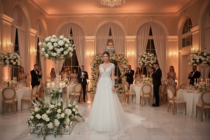 White lace wedding dress with high neckline, long sleeves, A-line skirt and long flowing train
