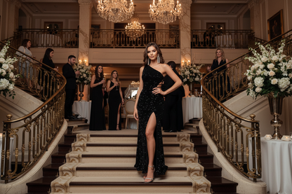 Black sequin evening dress with asymmetrical neckline and side slit
