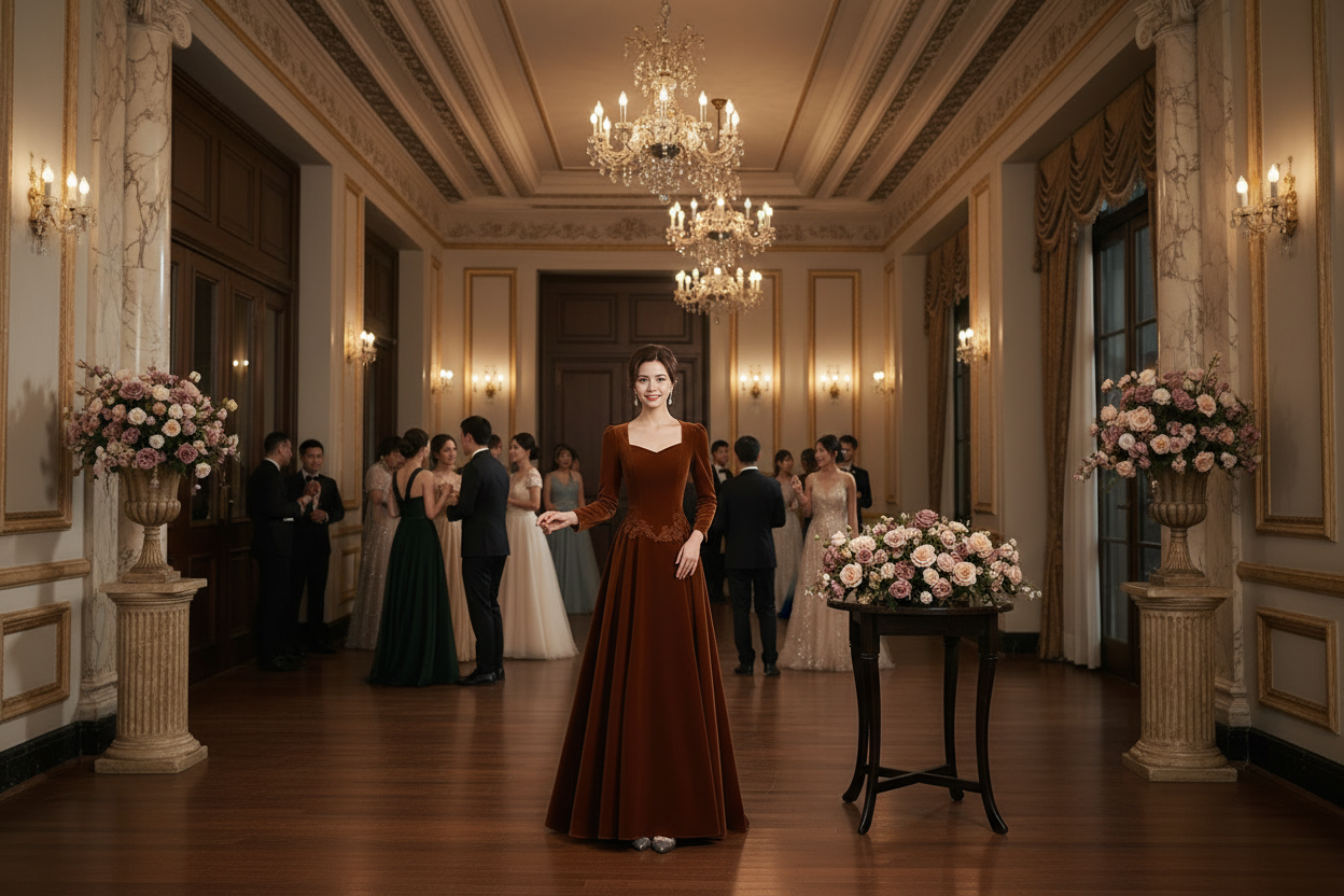 Brown velvet long-sleeve host dress with straight neckline and long A-line skirt