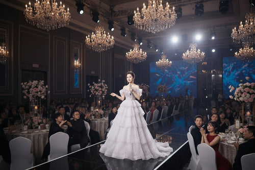 Off-the-shoulder sparkling tiered gown, short gloves, holding a microphone