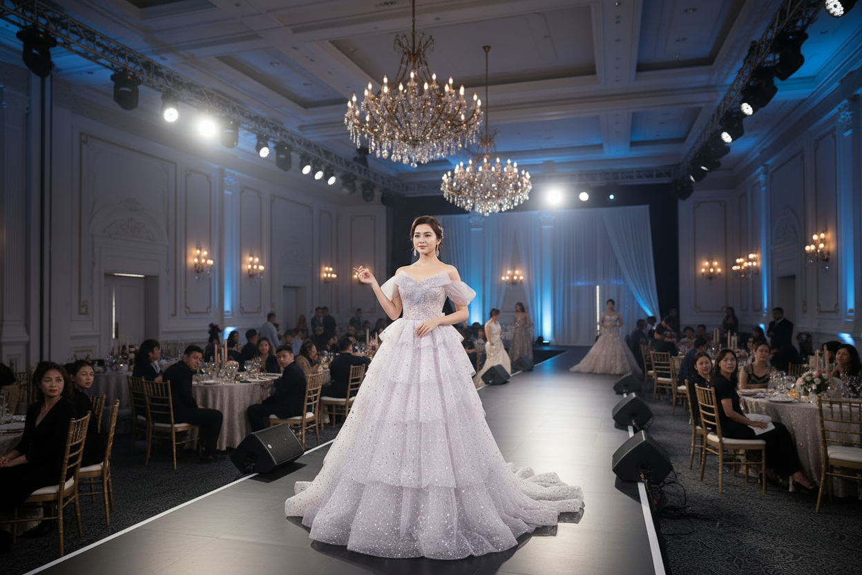 Off-the-shoulder sequined tiered gown with wide skirt and fitted waist
