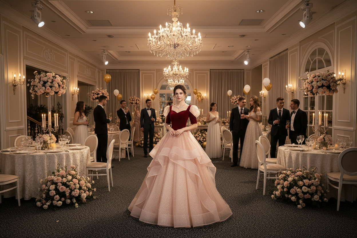 Princess dress with wine-red bodice and full blush tulle skirt, puff sleeves