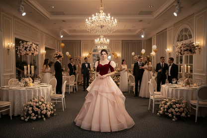 Princess dress with wine-red bodice and full blush tulle skirt, puff sleeves