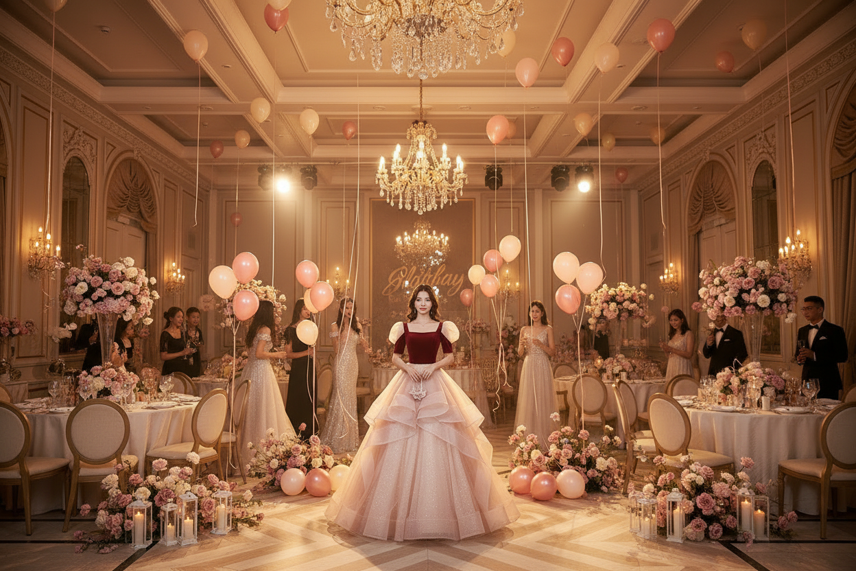 Princess dress with wine-red bodice and full blush tulle skirt with layered tiers