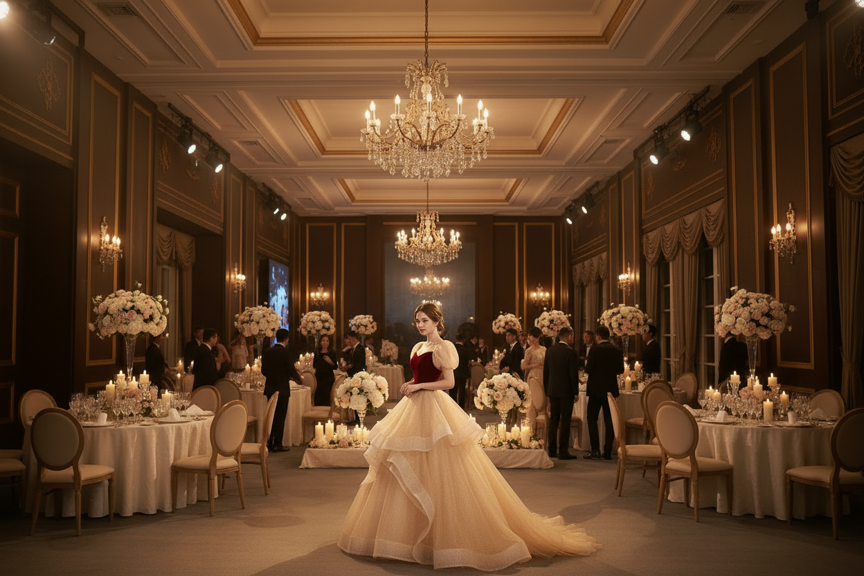 Red bodice wedding gown with layered tulle petti skirt, elegant princess silhouette
