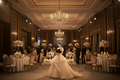 Red bodice wedding gown with layered tulle petti skirt, elegant princess silhouette