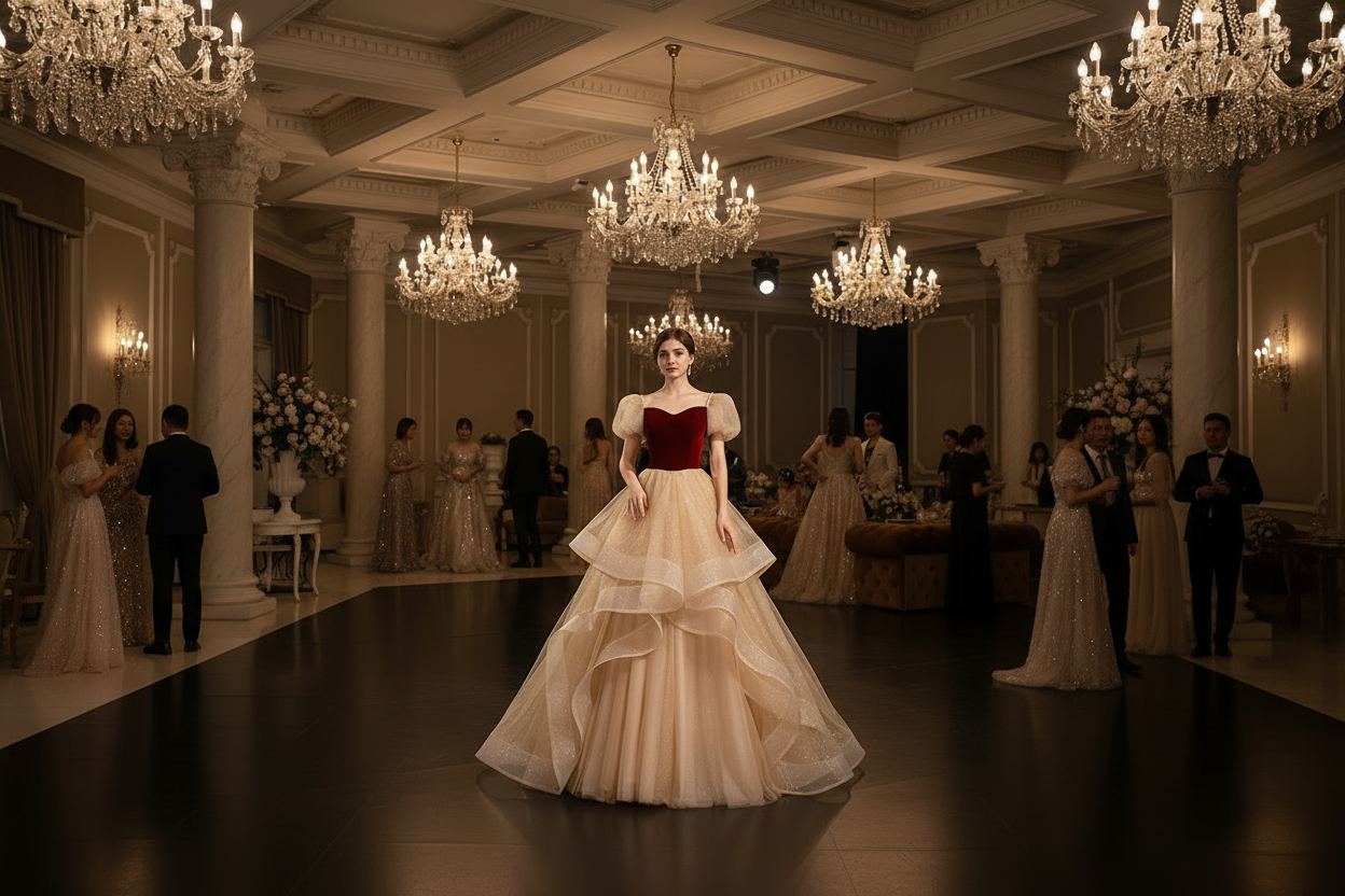 Red sweetheart bodice gown with voluminous layered tulle skirt and jeweled headpiece