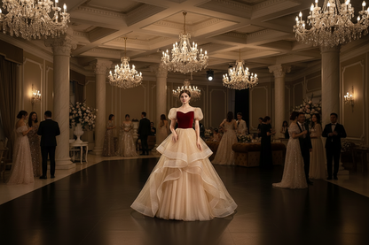 Red sweetheart bodice gown with voluminous layered tulle skirt and jeweled headpiece