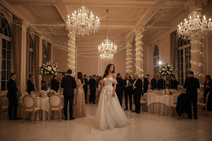 White lace A-line wedding dress back view with off-shoulder straps and appliqués