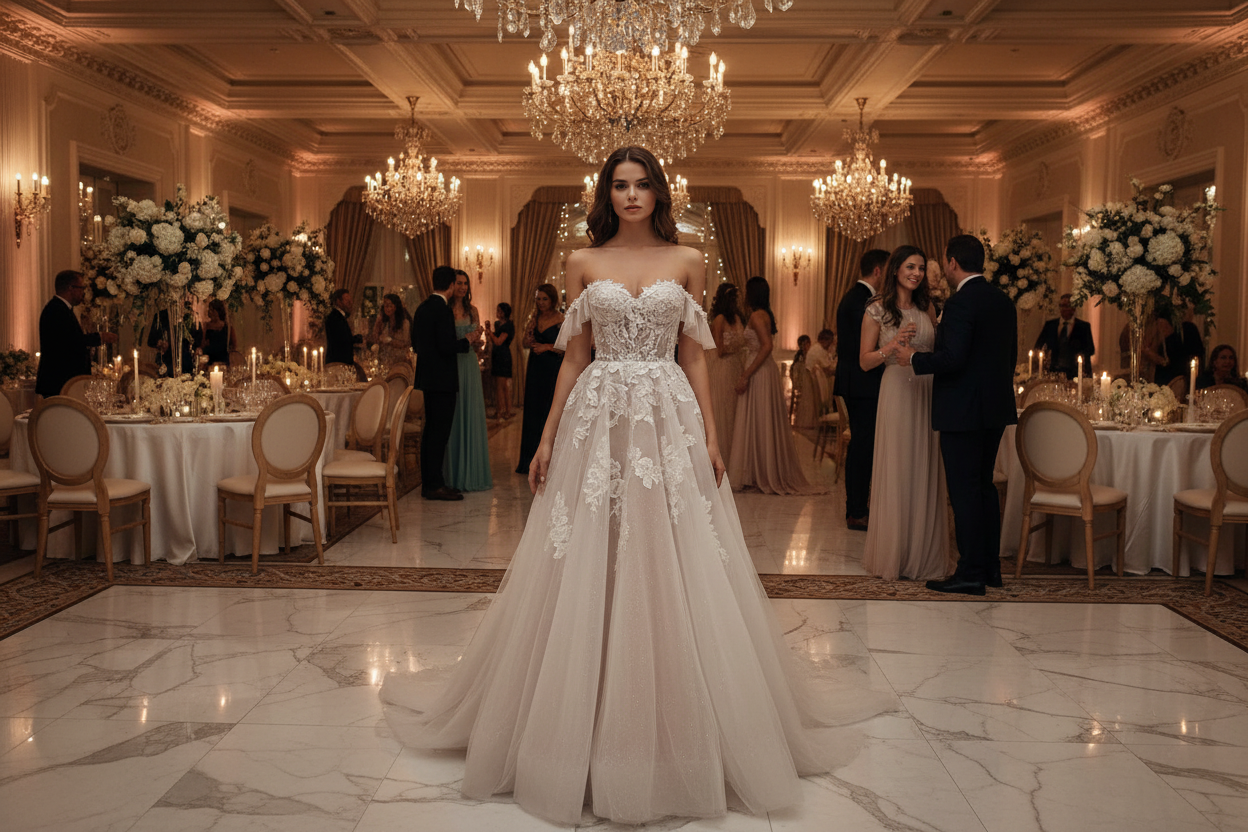White lace wedding dress with scalloped off-shoulder sleeves and layered appliqué skirt