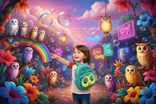 Blue plush animal schoolbag with owl face patch and green front pocket