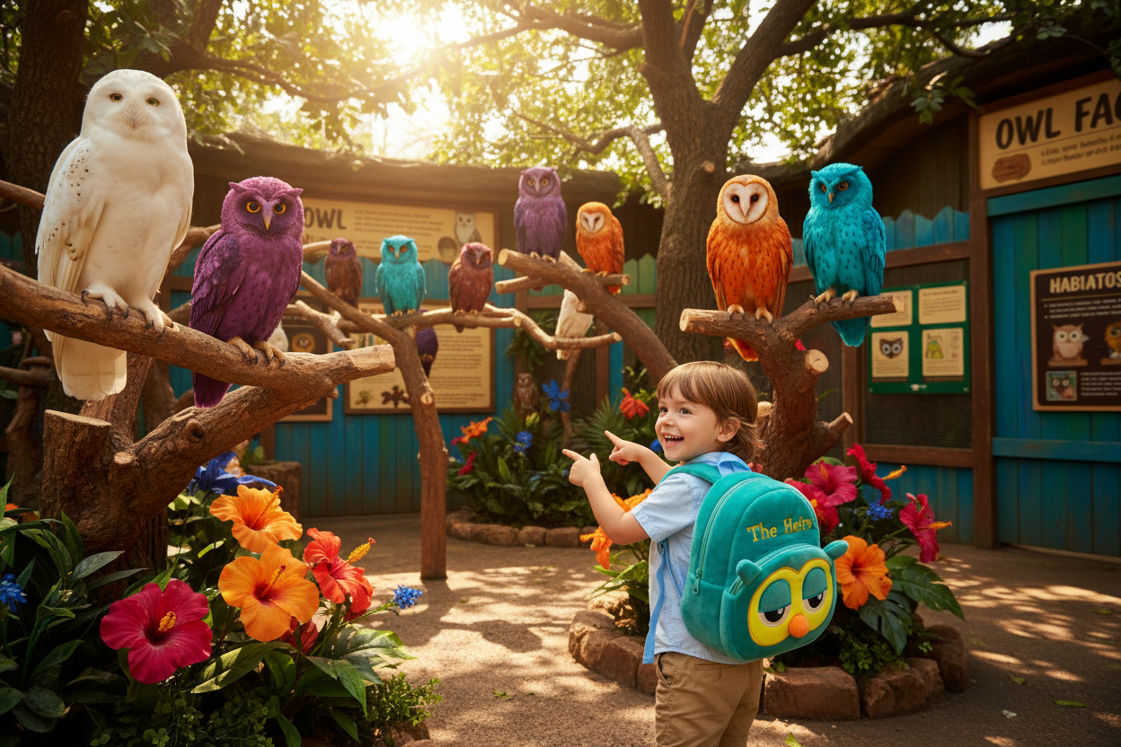 Teal plush owl schoolbag with large cartoon eyes on the front and top handle