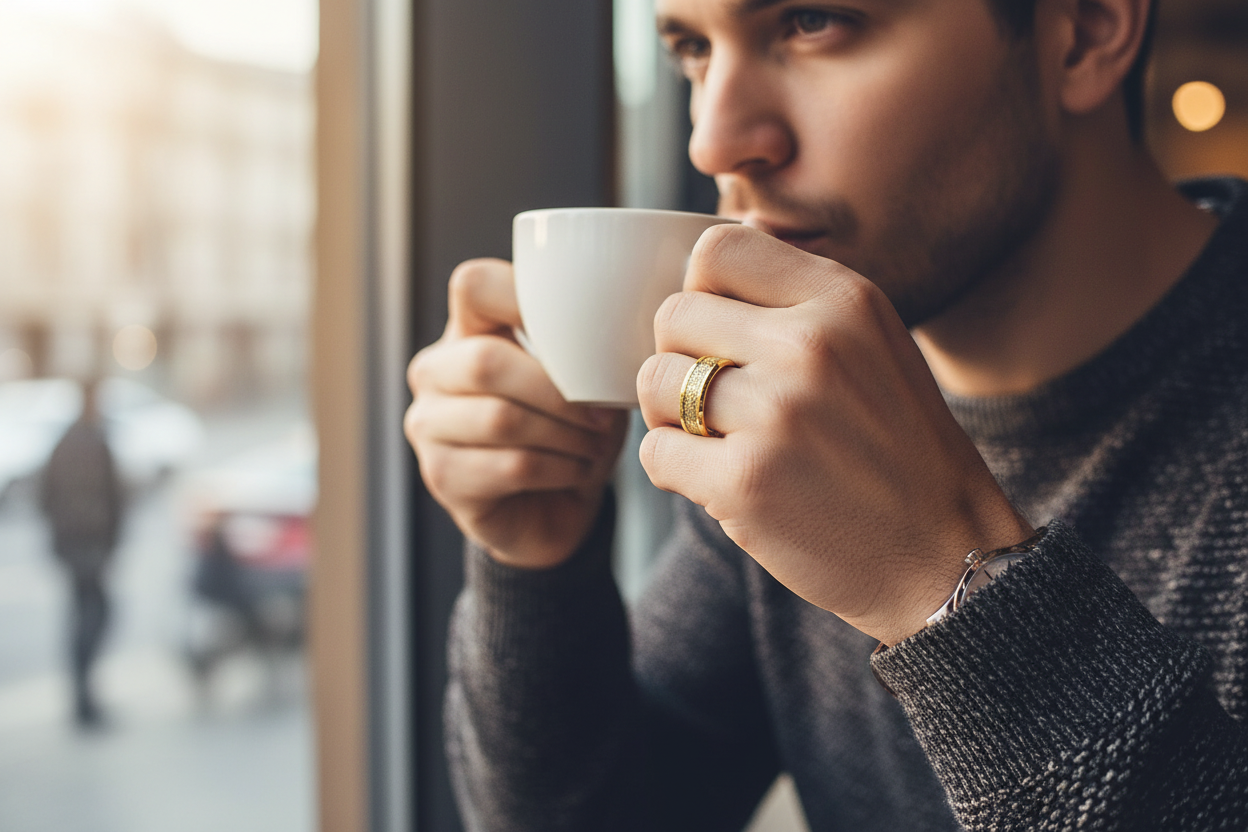 Gold-toned zircon ring with textured band and small stone accents