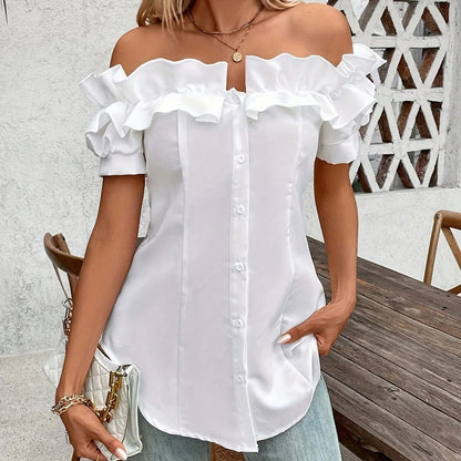 Women's Solid Color Off-Shoulder Ruffled Blouse - Waist Button-Down Shirt For Vacation & Daily Wear