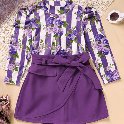 Toddler Girl Purple Rose Print Girls Outfit, Spring Fall Stripe Top With Belt Skirts Set Holiday Going Out Clothes