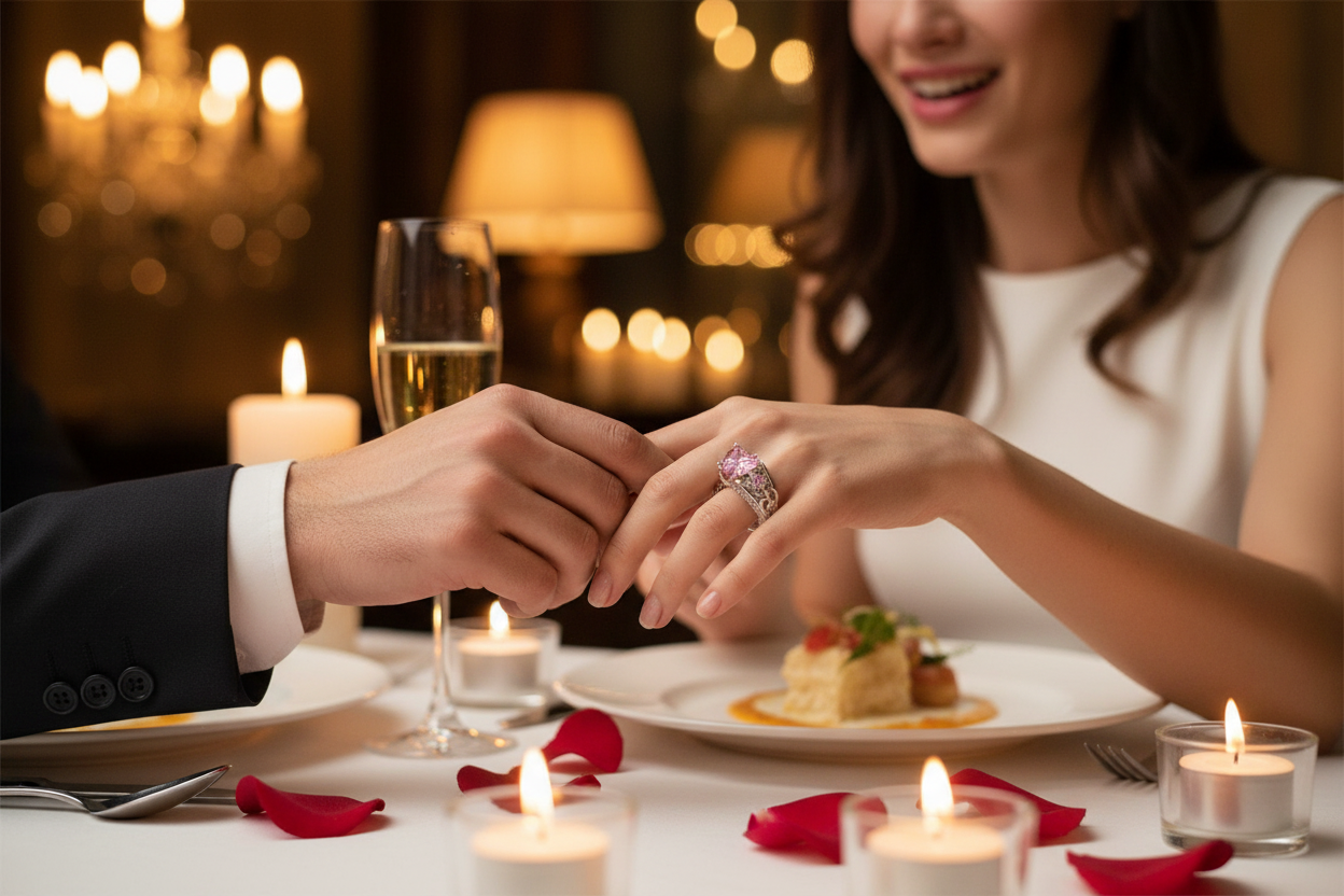 Heart-shaped engagement ring with pink-red center stone on silver band, on hand
