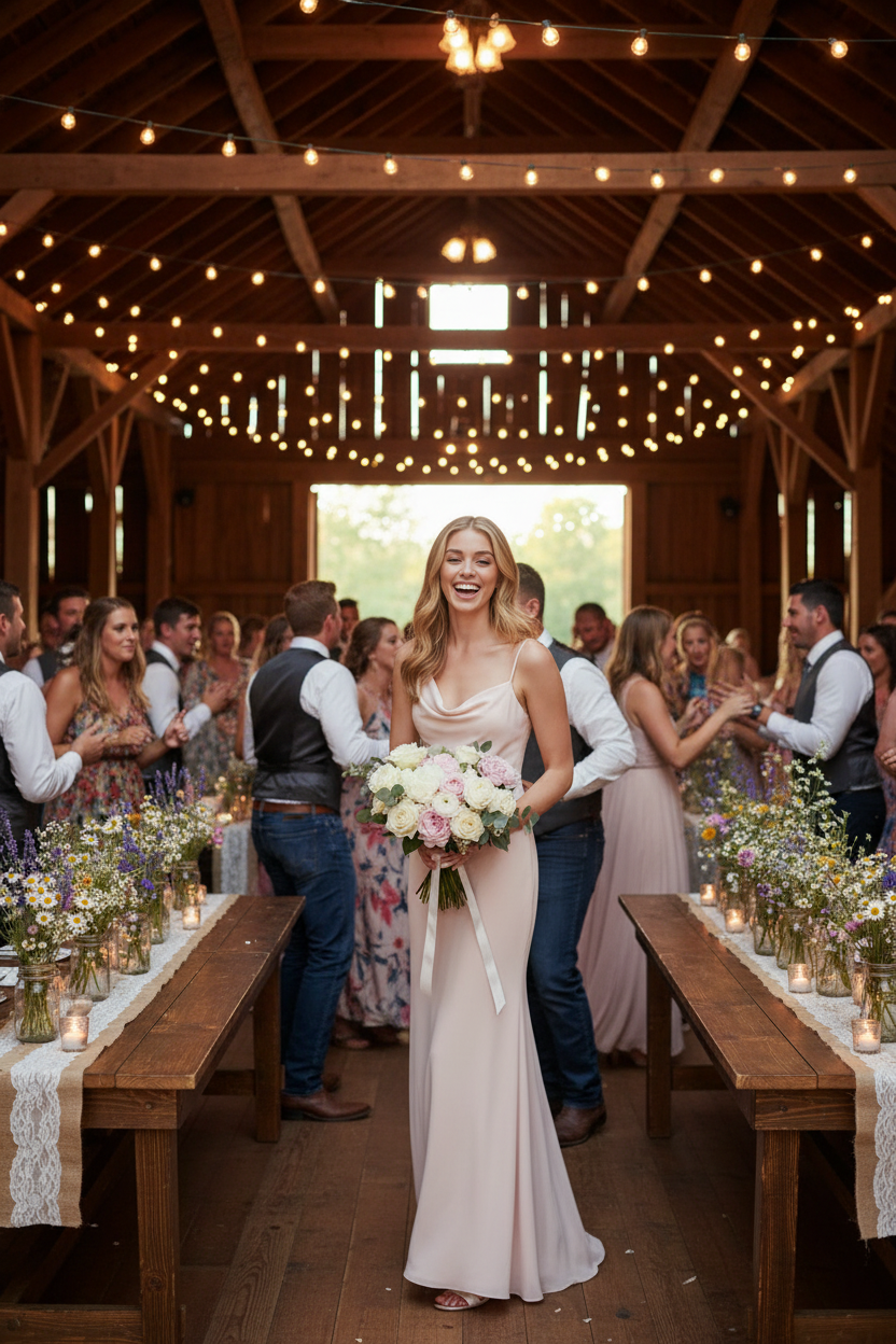 Light pink, spaghetti-strap bridesmaid dress with draped neckline and long skirt