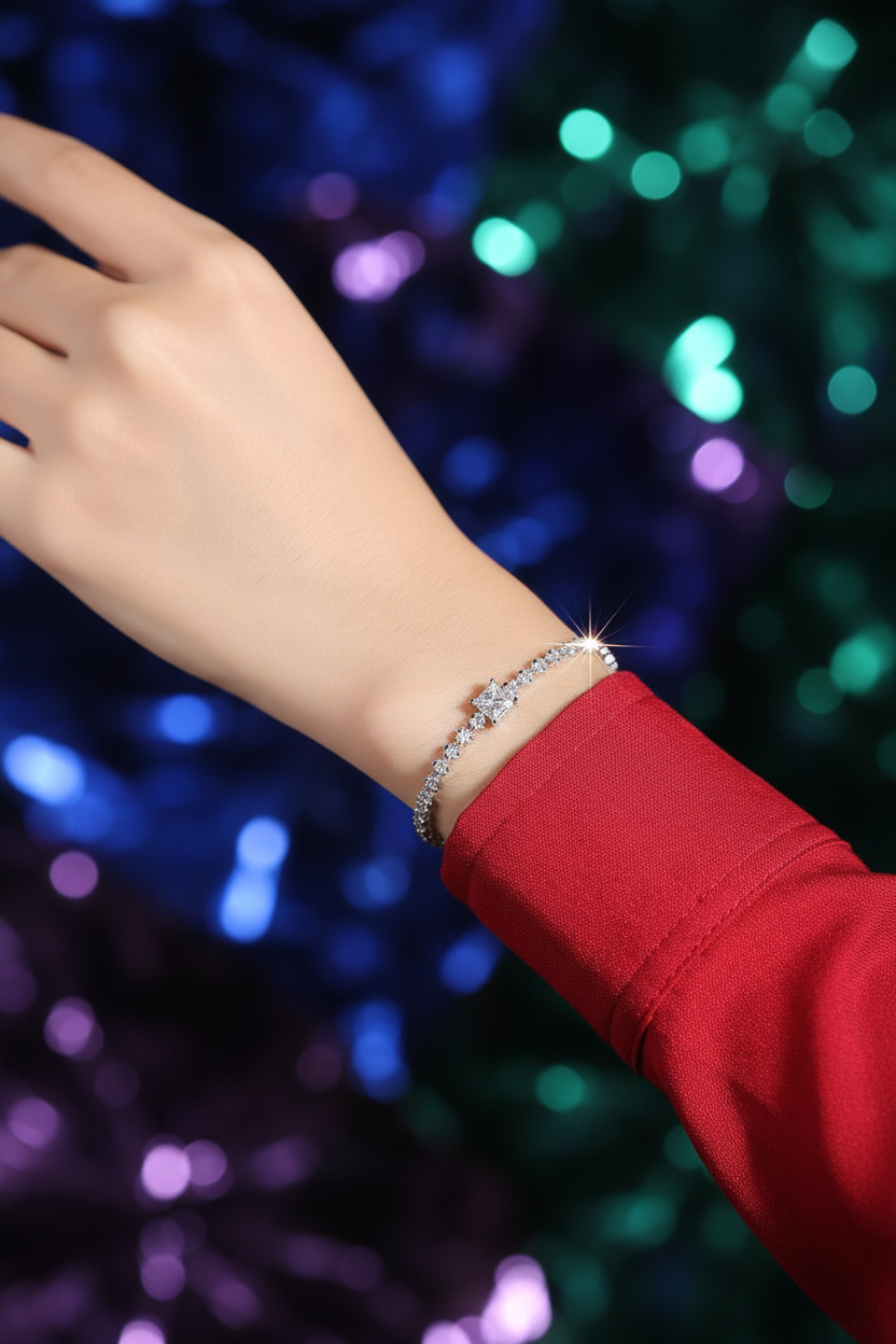 Silver diamond-style bracelet with starburst center stone