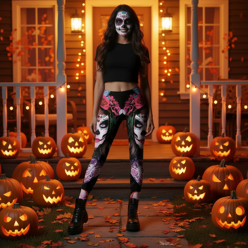Halloween series ghost face women's printed cropped pants breathable sweat-absorbent sports leggings